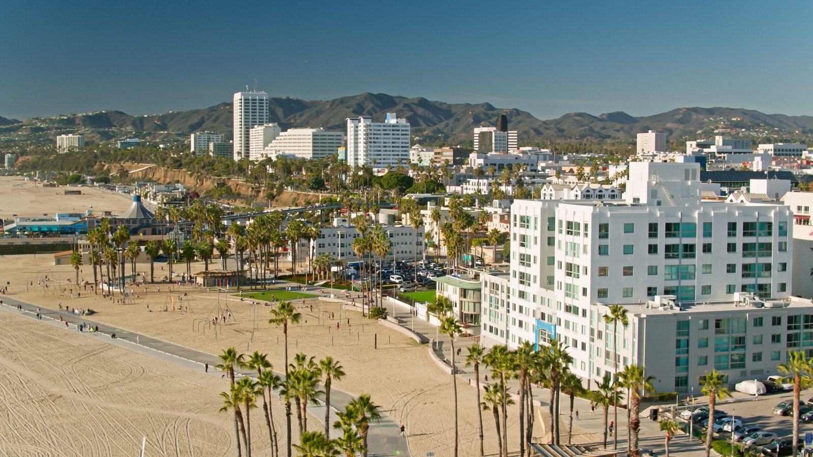 Aerial shot of Santa Monica Beach in California on a sunny autumn afternoon. Authorization was obtained from the FAA for this operation in restricted airspace.