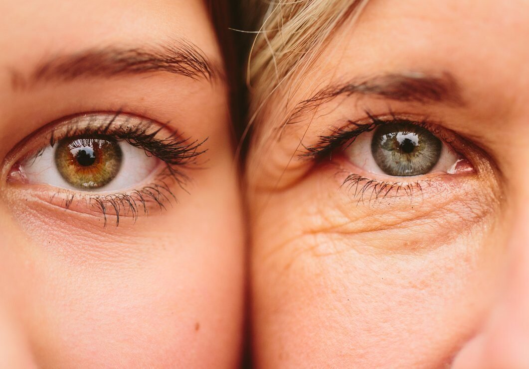 Close up on eyes of mother and daughter faces next to one another